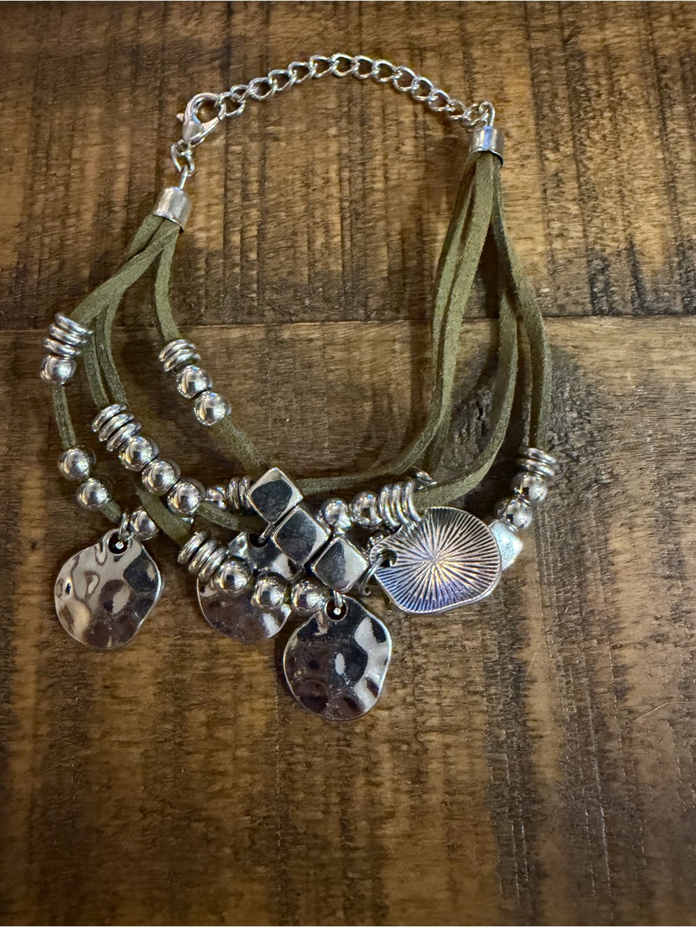 Olive Green Suede Multi-Strand Charm Bracelet with Silver Accents